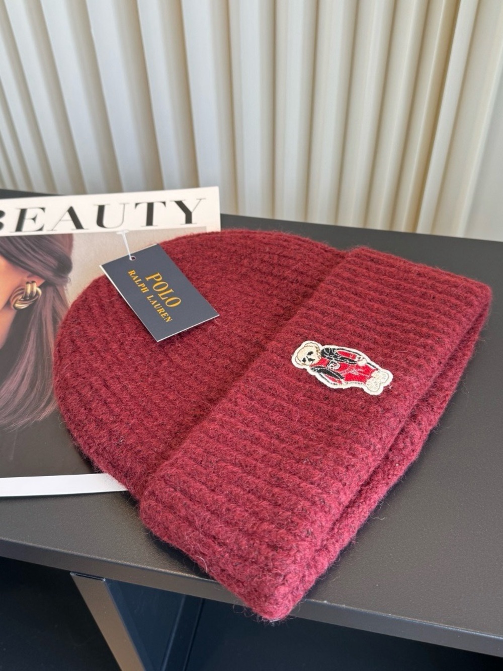 Polo by Ralph Lauren Maroon Knit Beanie with Bear Patch